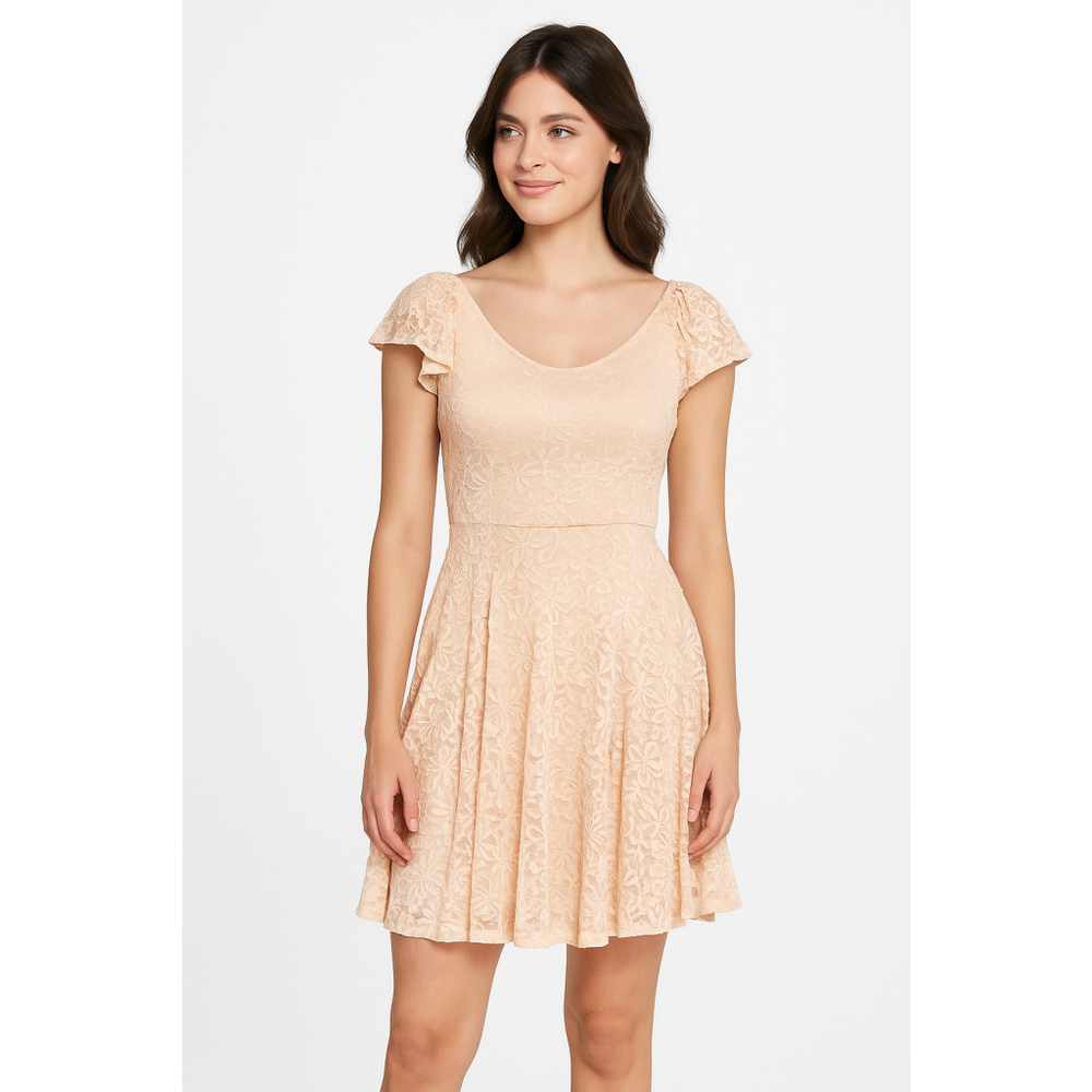 Disney Cinderella Lace‎ Flutter Sleeve Fit Flare Dress Peach XS